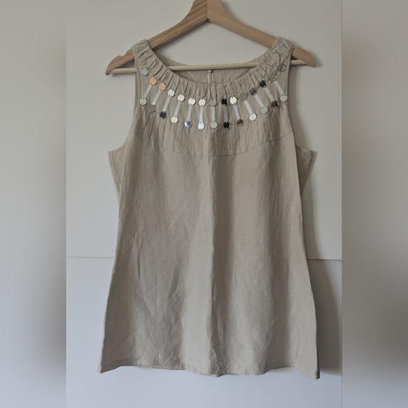 Tory Burch Tops - Tory Burch Silk Linen Size 10 Cream Embellished Sleeveless Tank Top Tunic